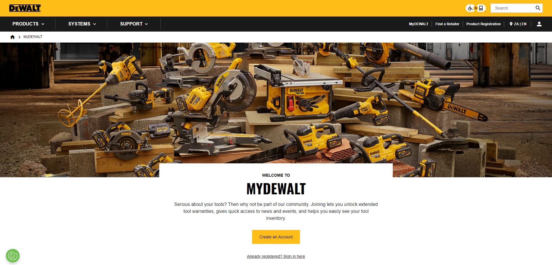 MyDeWalt login and sign up page